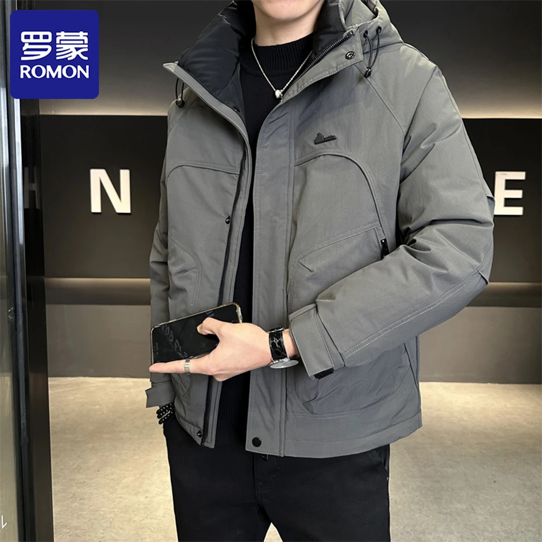 Romon/罗蒙冬季白鸭绒羽绒服男士时尚连帽防风保暖工装羽绒服外套