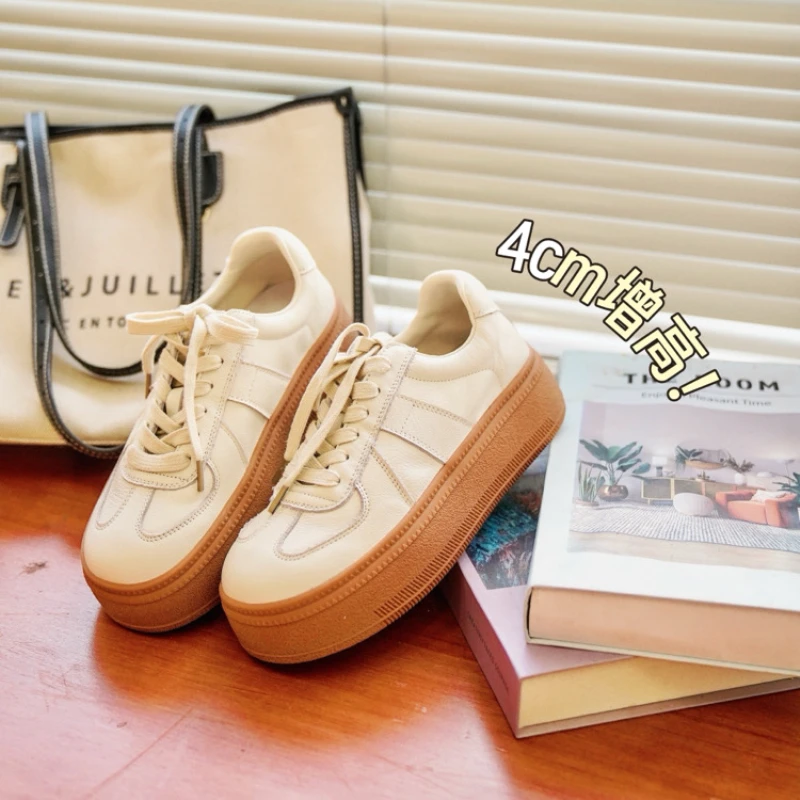 头层牛皮鞋子女款爆款2025新款踩屎感厚底增高休闲百搭运动小白鞋