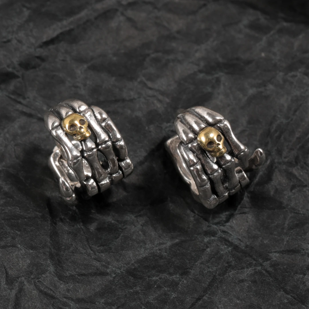 925银耳饰 重工嘻哈复古做旧高级男士骷髅手骨耳钉个性痞帅耳圈
