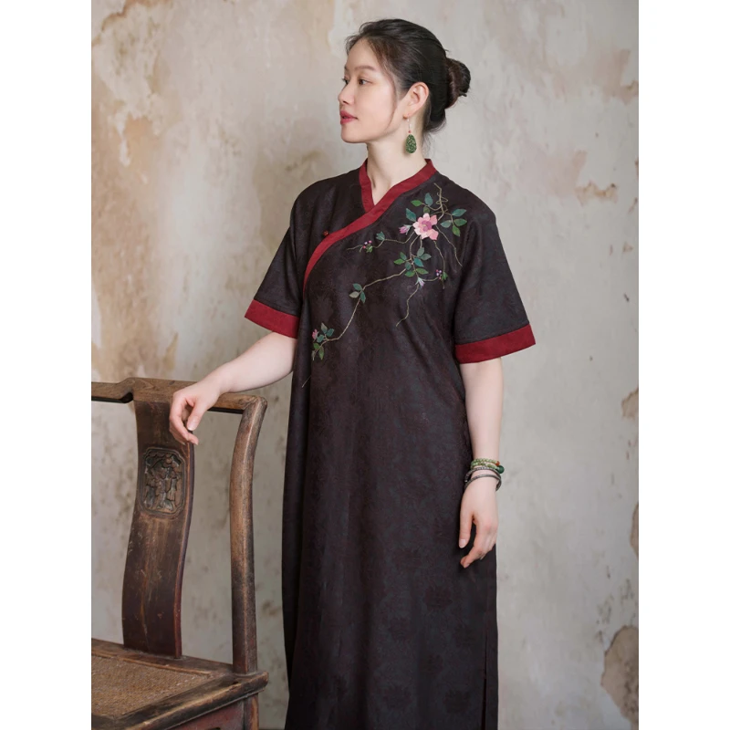 蘭襟【拈花系列山茶三】花罗香云纱贴布绣中式改良旗袍夏 新中式