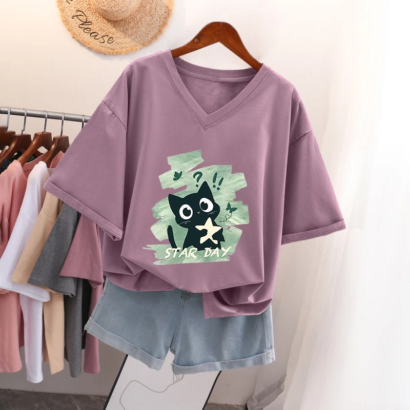 2025年夏季新款大码宽松V领短袖纯棉t恤女美式复古oversize上衣服