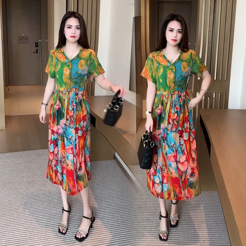 碎花连衣裙2025薄款收腰夏季洋气新款显瘦中长裙气质时尚妈妈裙子