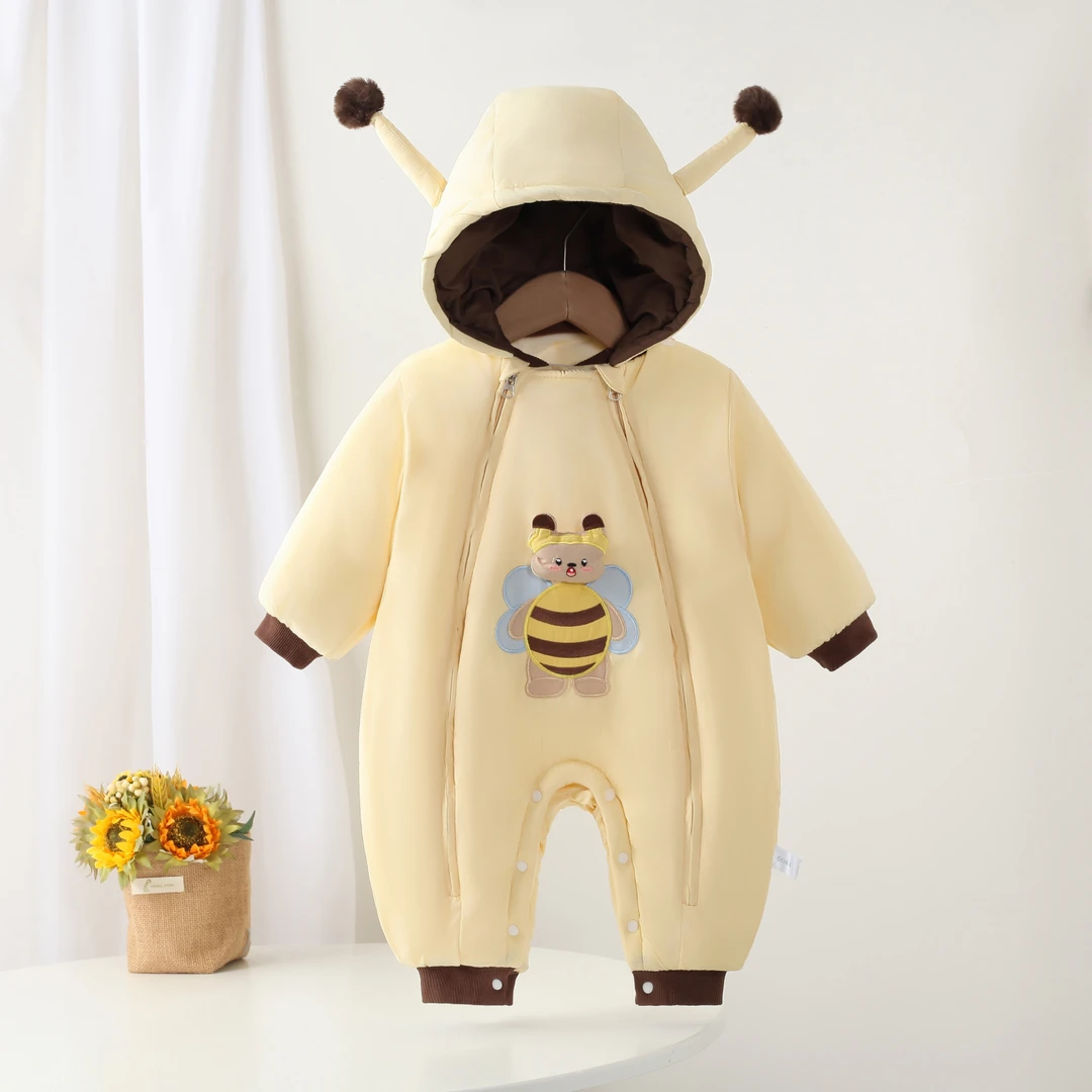 婴幼儿冬季新款小蜜蜂双拉链棉哈衣卡通可爱超萌外出爬服连体