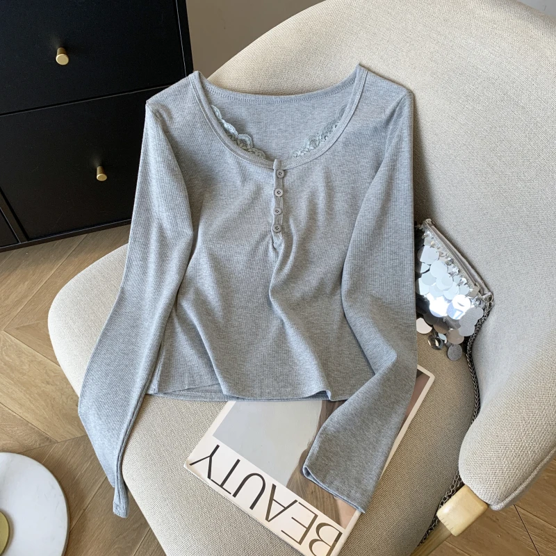 金怡定制 2025春季新款修身显瘦polo领蕾丝拼接长袖T恤女上衣洋气