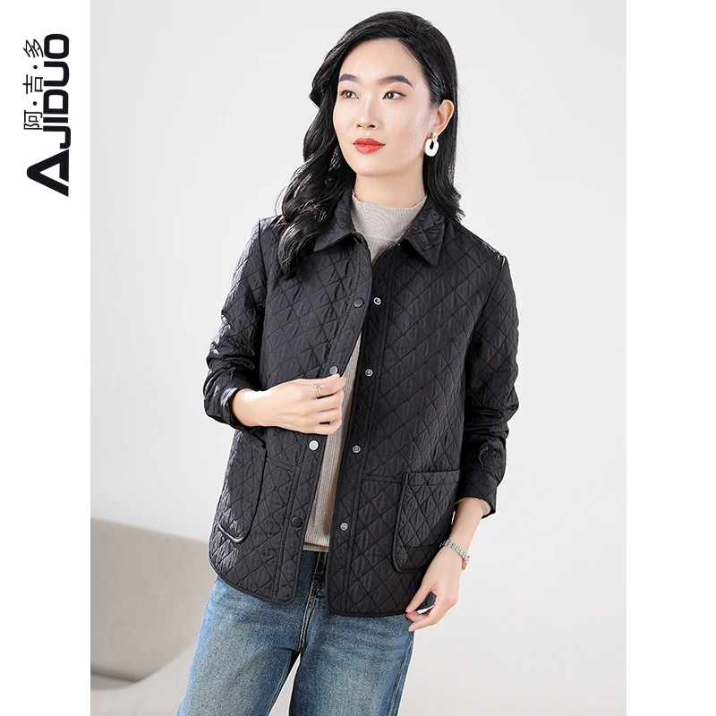 阿吉多黑色外套女2025新款秋冬季翻领长袖大码菱格纹复古高级上衣