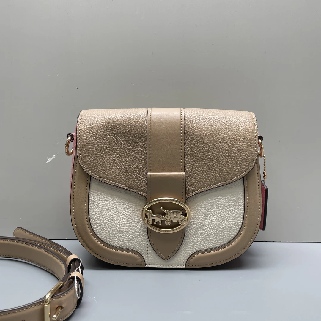 95新 COACH/蔻驰 小林/georgie奶茶拼色马鞍包21*18*7cmB081703