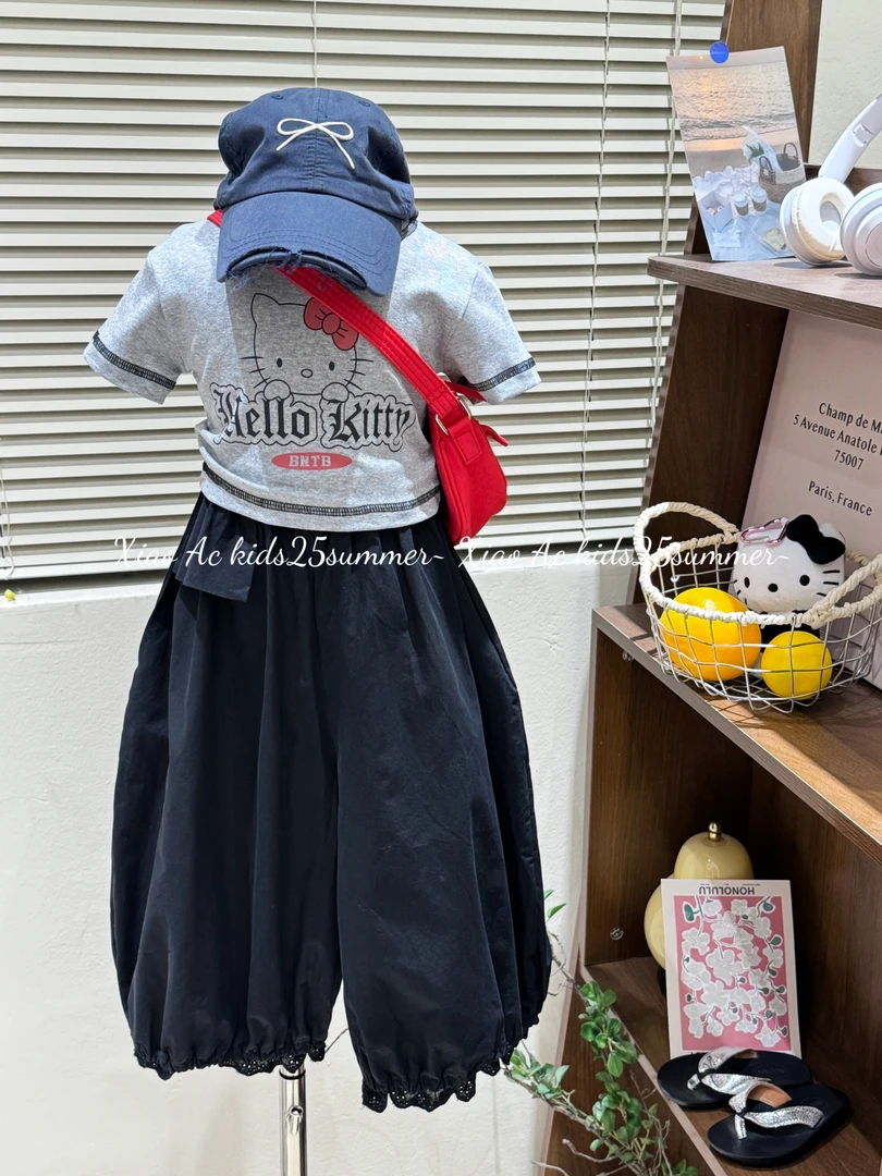 2025夏季新款女童韩系卡通印花明线短款T恤女宝百搭休闲灯笼裤