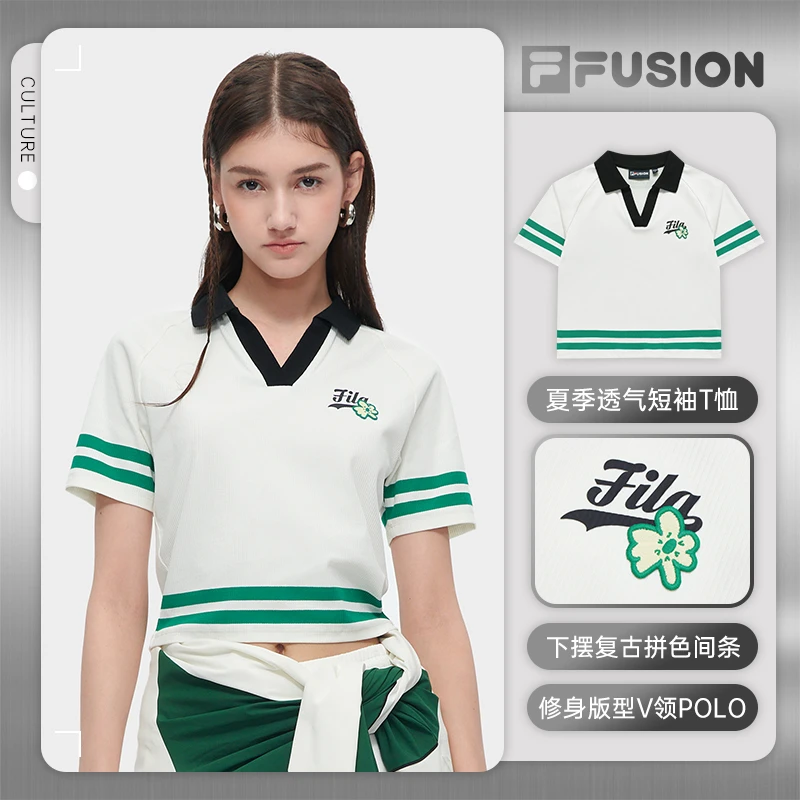 /斐乐潮流撞色休闲运动上衣 女装夏季白色百搭翻领短袖POLO领