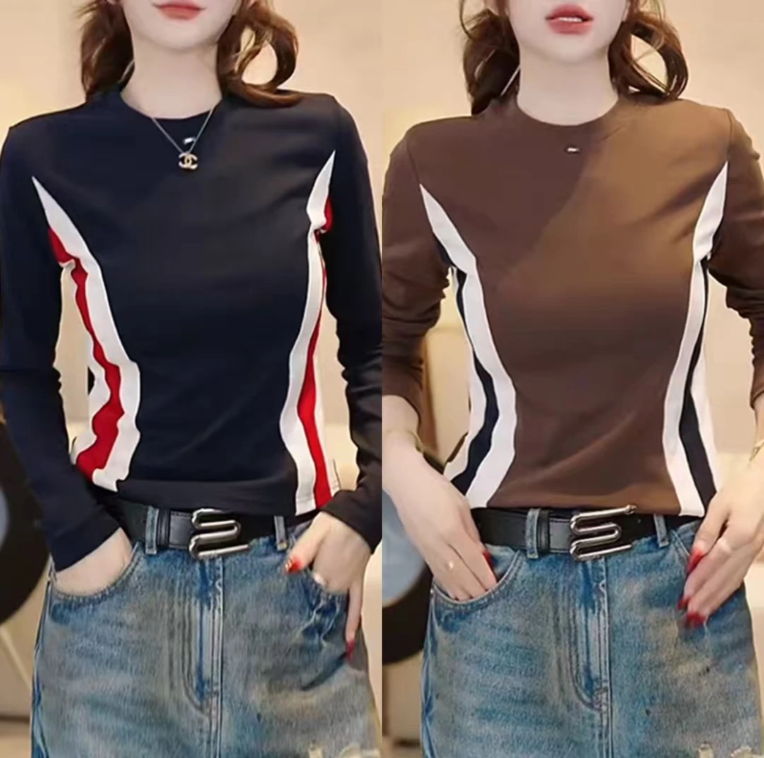 圆领拼接撞色正肩长袖t恤女2025年早秋新款时尚修身显瘦打底上衣