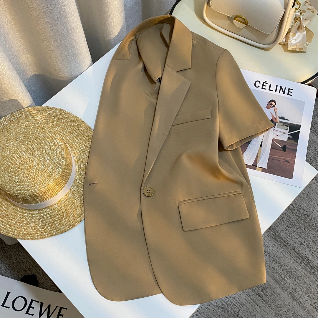 卡其色短袖西装外套女2025年夏季薄款新款小个子西装短袖夏季薄款