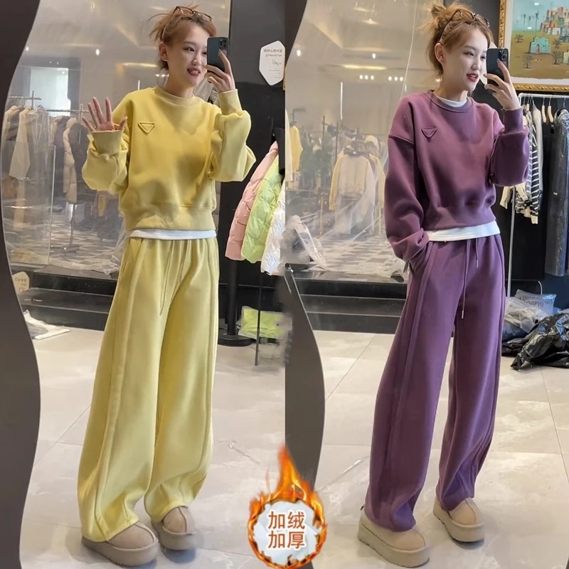 加绒加厚休闲运动套装女秋冬装新款今年流行时髦卫衣阔腿裤两件套