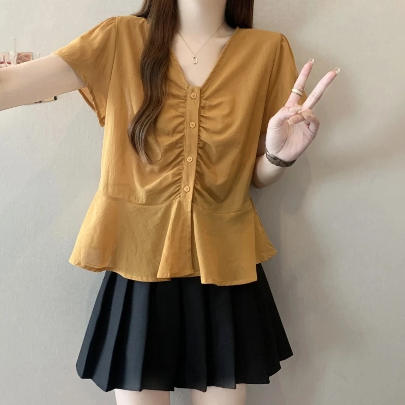 大码女装2025夏季新款时尚小衫气质衬衫褶皱短袖上衣2017
