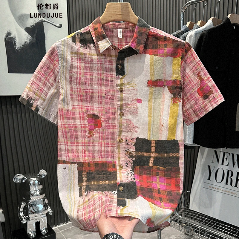 夏季短袖花衬衫新款潮流拼接印花男士时尚百搭休闲宽松男装衬衣潮