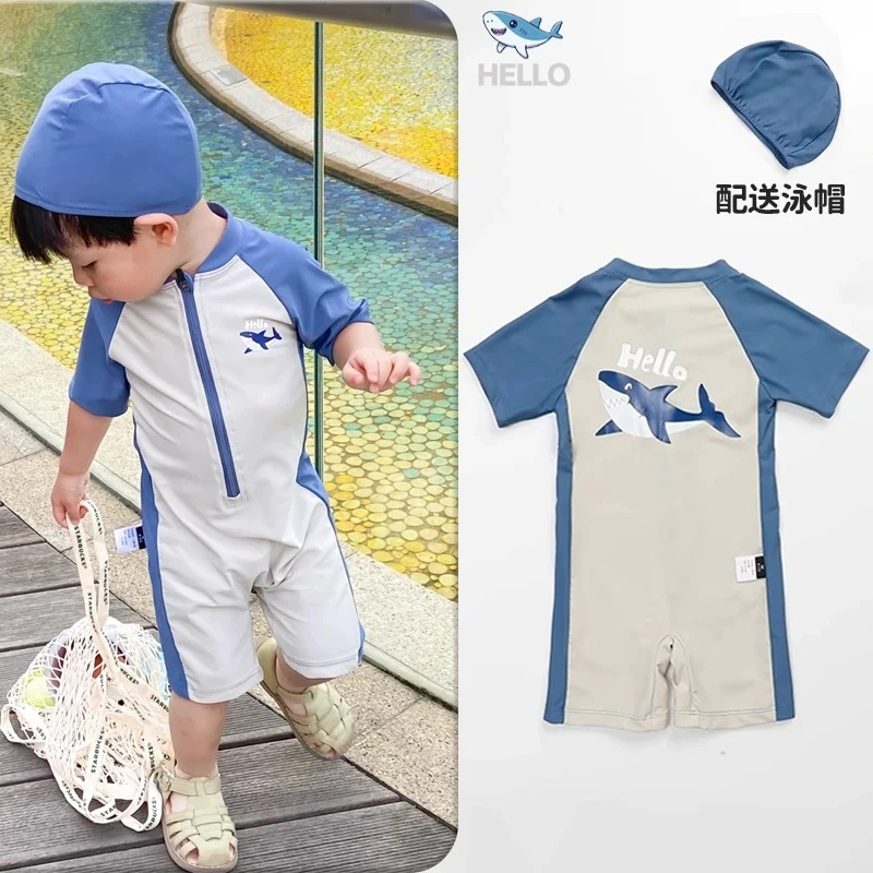 儿童连体短袖泳衣男童夏季防晒速可爱海豚速干中小孩海边度假弹力