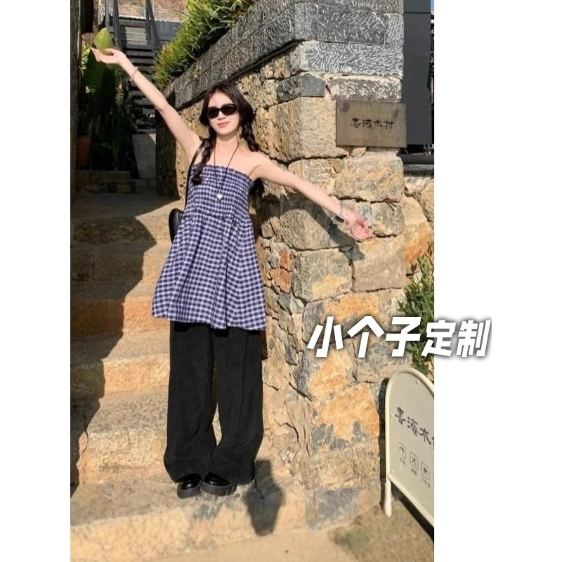 150小矮个子抹胸格子上衣女夏季法式气质修身无袖背心设计感两穿