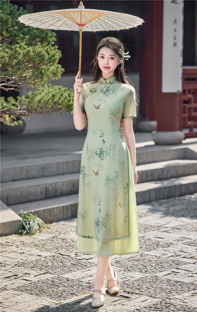 改良绿色旗袍奥黛2025夏季新款高腰显瘦中式日常年轻款气质连衣裙
