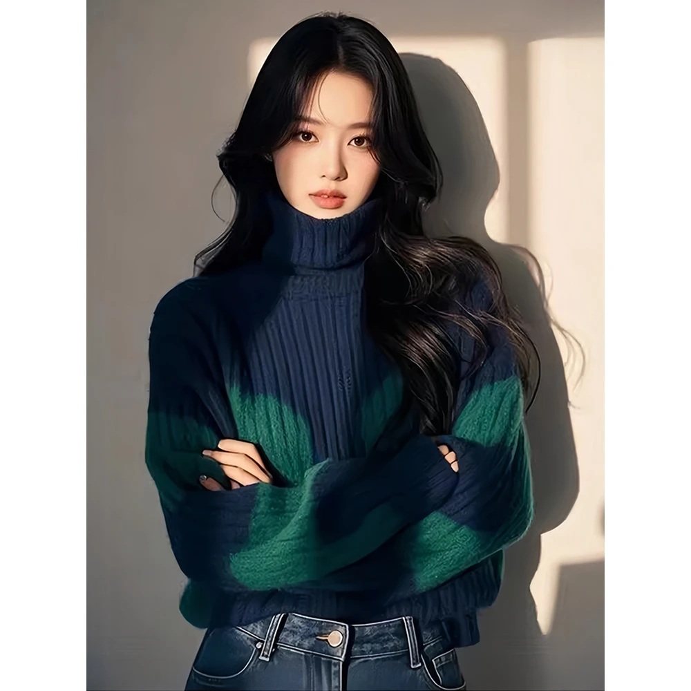 2025新款女士藏蓝色高领冬季保暖加厚内搭毛衣独特美观超靓上衣