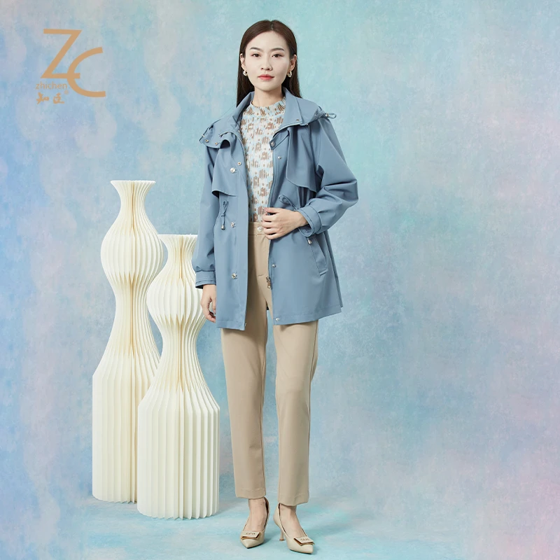 知臣秋季新品 简约休闲收腰显瘦蓝色风衣外套女 16233551
