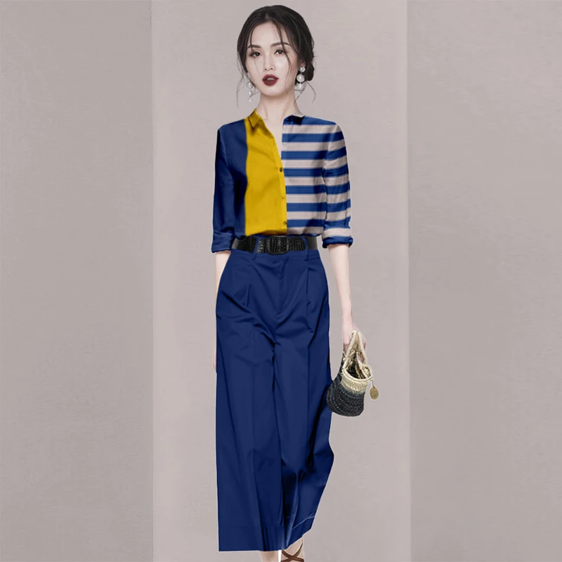 休闲风欧美风时尚套装阔腿裤上衣减龄条纹休闲显瘦时尚撞色