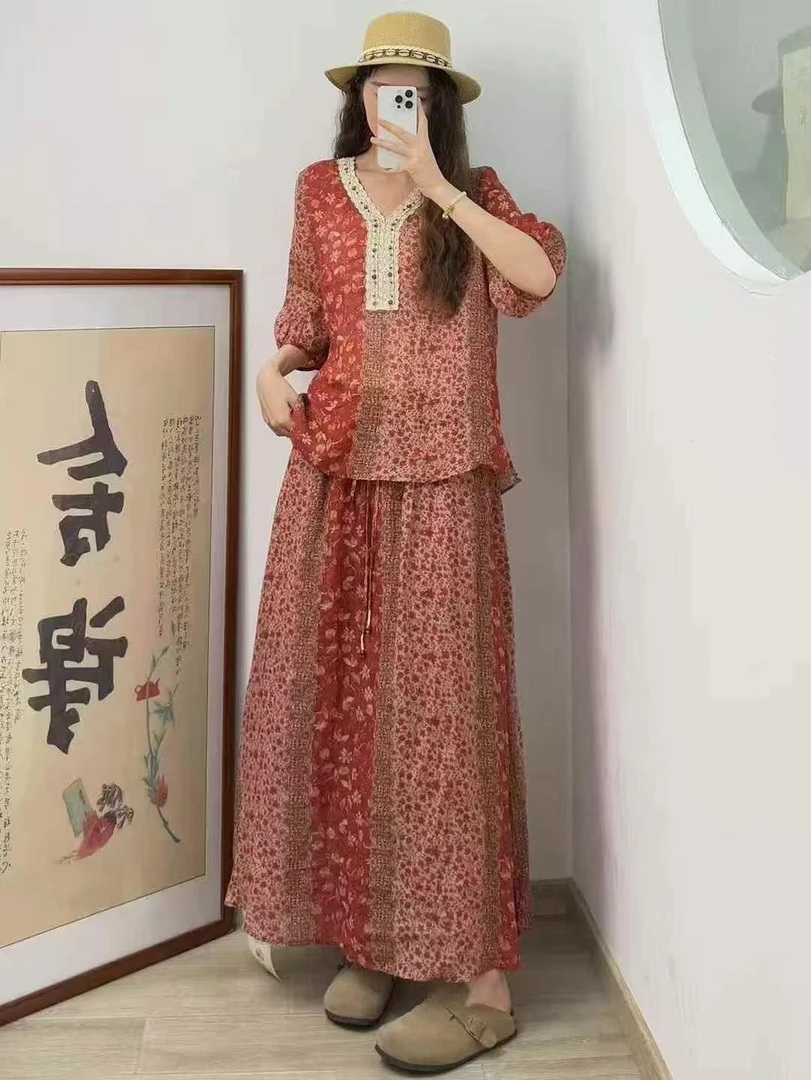 50685 碎花复古夏季国风苎麻套装显瘦减龄