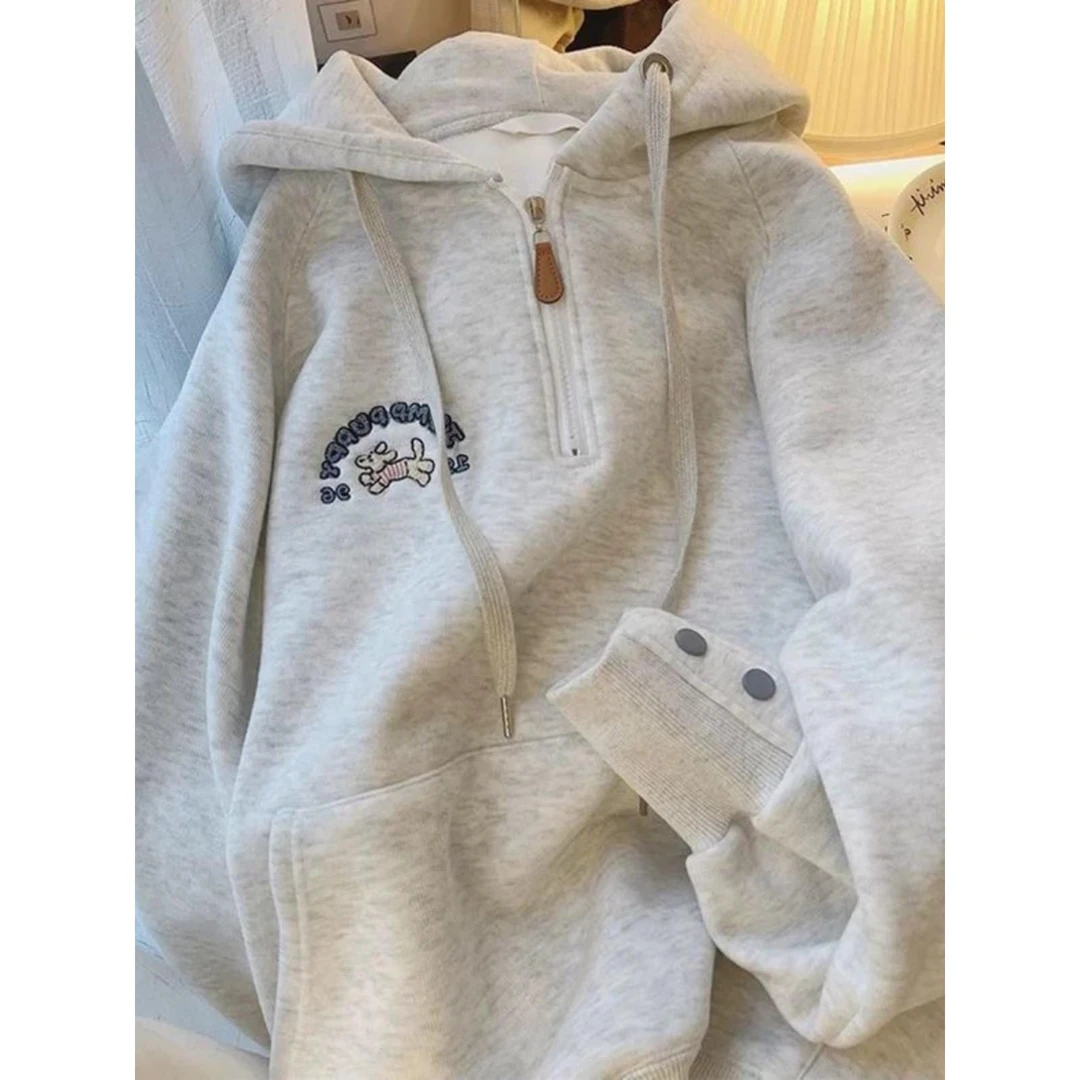 大码300斤半拉炼加绒连帽卫衣女秋冬宽松设计感学生遮肉肥外套260