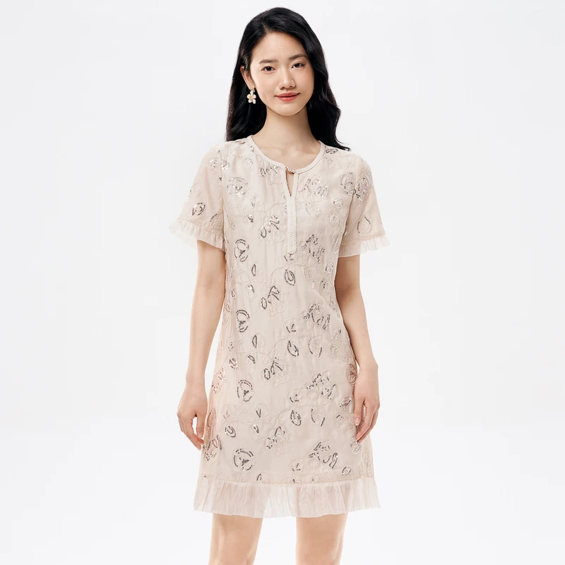 BuouBuou新法式优雅串珠刺绣圆领A字连衣裙女DLCG179