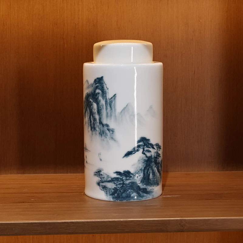 何白经典中国白猪油白釉下手绘“山水”茶叶罐高颜值储存罐密封罐