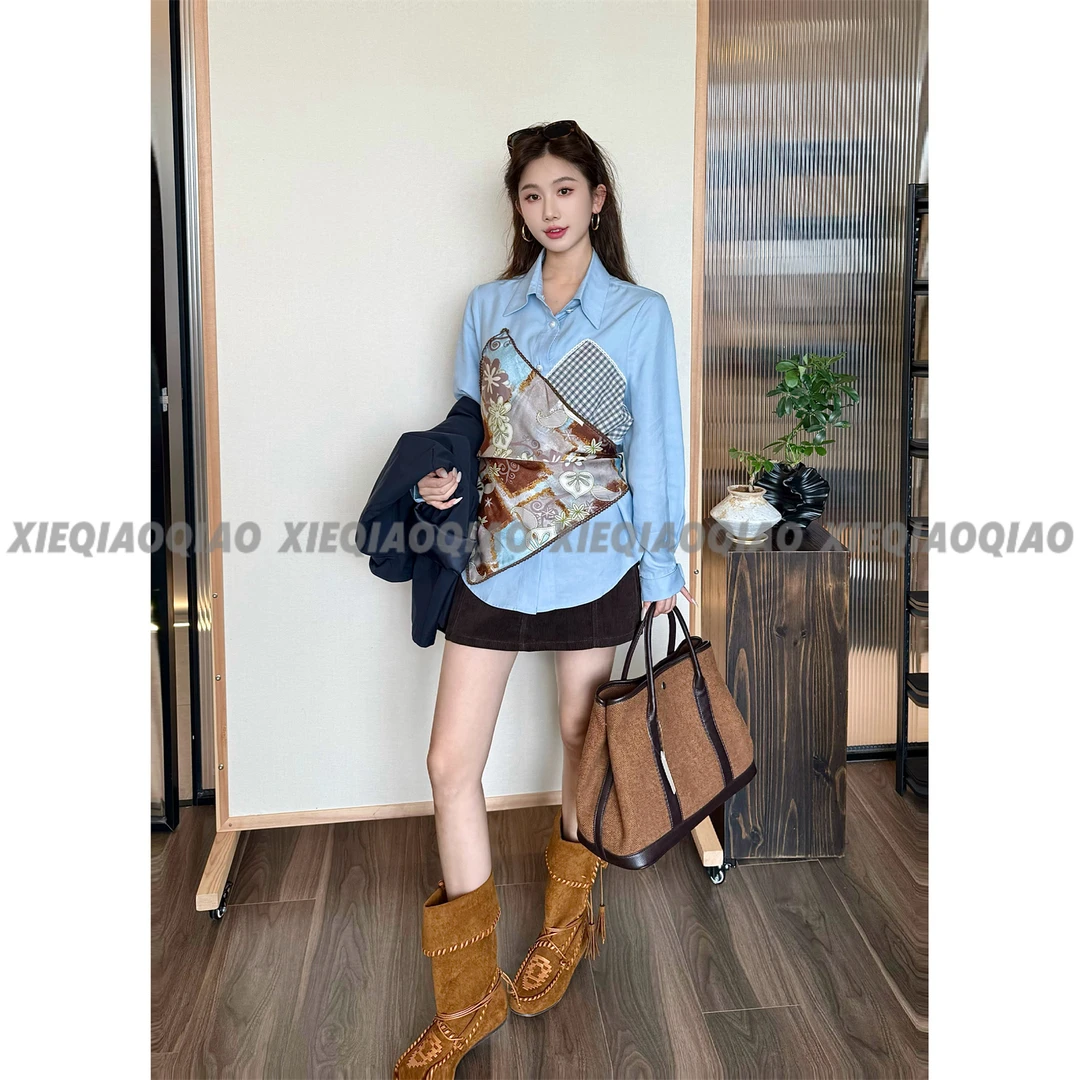谢荞荞「布鲁腔调」早秋新款莱赛尔天丝亚麻拼接丝巾长袖衬衫上衣