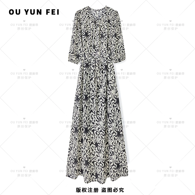 高级感连衣裙女早秋新款气质显瘦穿搭印花长裙F1867