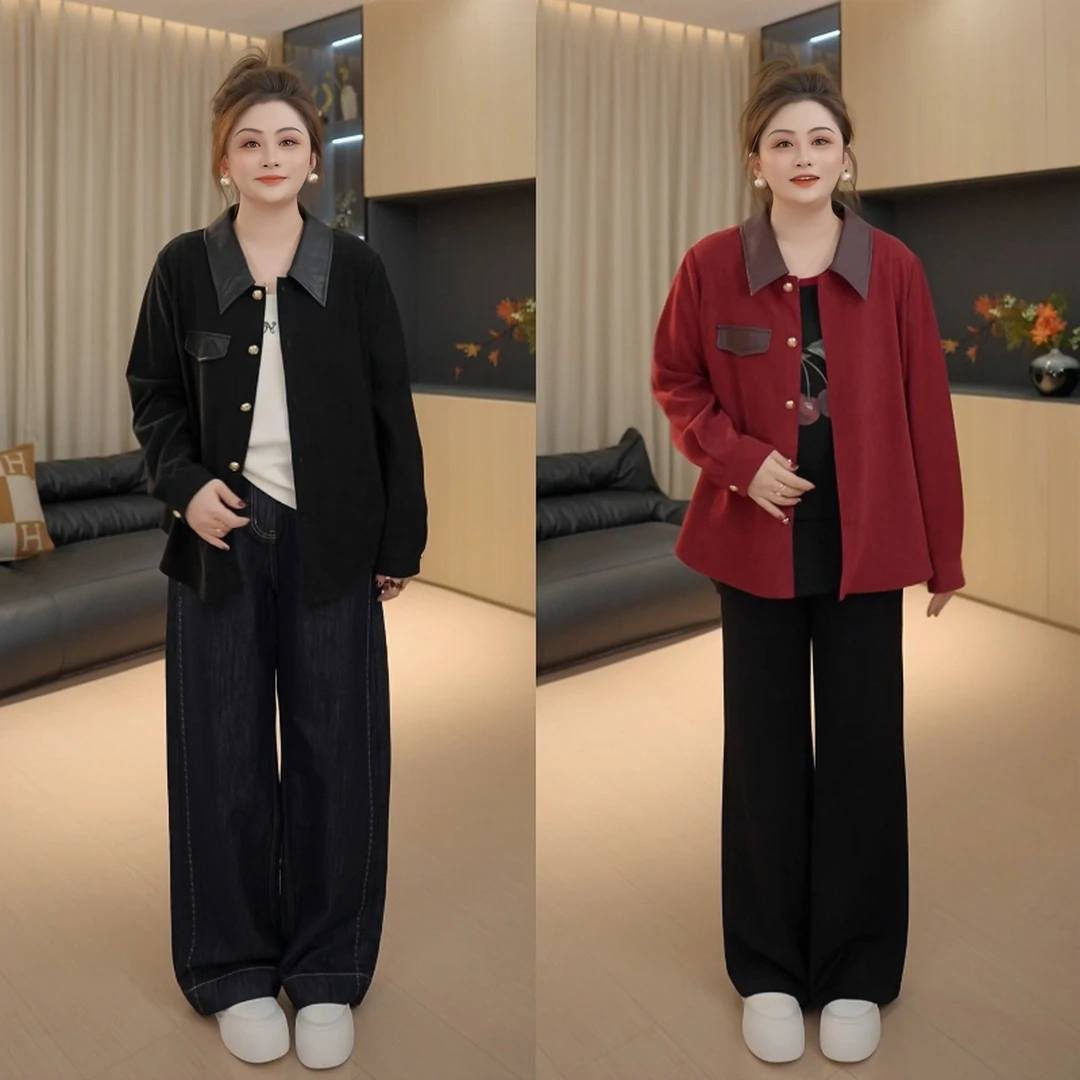 【胖佳佳】现货~画报衬衫 皮领拼接长袖小衫秋季气质百搭H625C13544