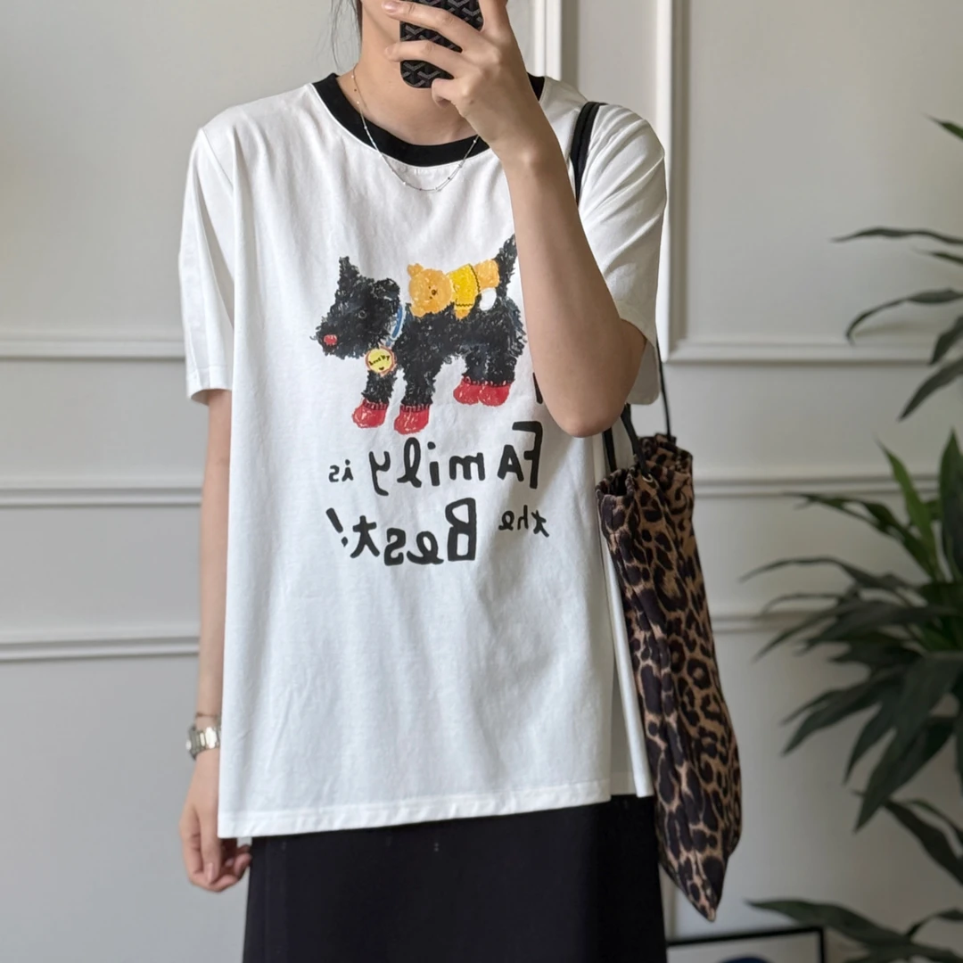 美亚恩NANA大码！【圈圈小狗】拼接领圆领可爱小狗印花T短袖K0273