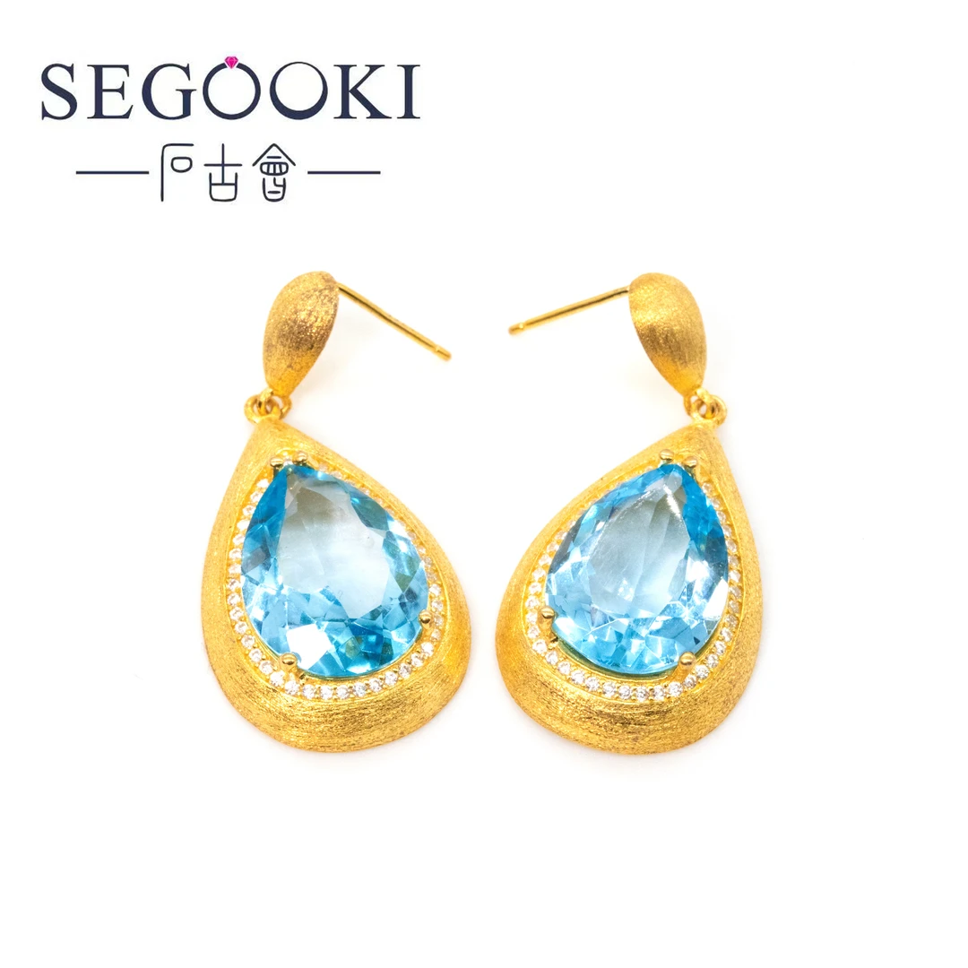 天然设计师款天空蓝托帕石S925银耳坠（20克拉）【TPS008】