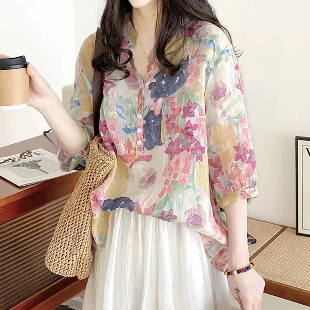 娃娃衫上衣女夏款2024新款宽松文艺气质v领口袋中袖碎花苎麻衬衫