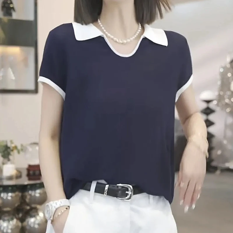 时尚气质休闲显瘦针织撞色短袖针织衫女夏季新款韩系V领百搭衣服