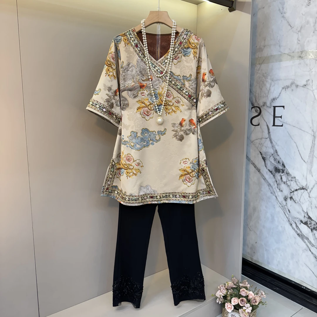 新款国风V领新中式轻奢时尚亮片装饰提花上衣+显瘦洋气铅笔裤1883