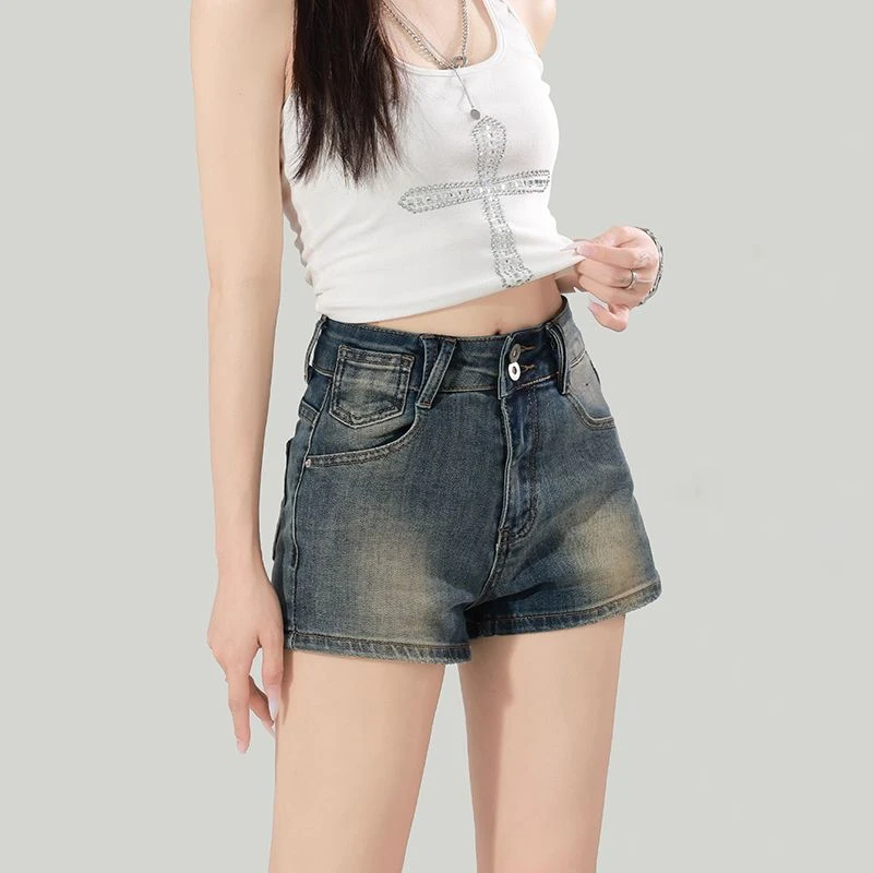 复古做旧高腰牛仔短裤女夏季新款辣妹风百搭弹力修身显瘦包臀热裤