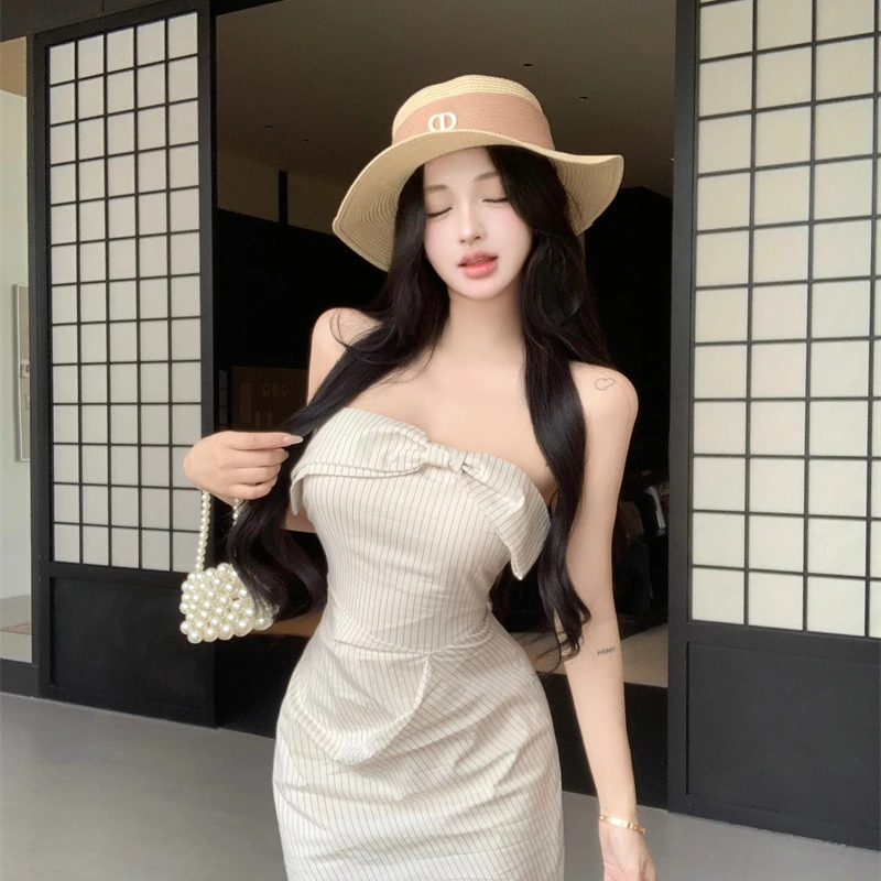 法式抹胸连衣裙女2025夏季一字肩条纹包臀裙蝴蝶结裙子