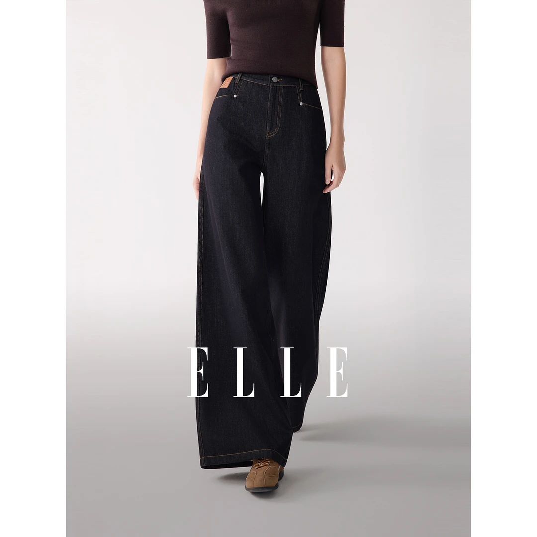 ELLE女装水洗牛仔裤2025冬新款显瘦小个子通勤阔腿裤子EQ53215