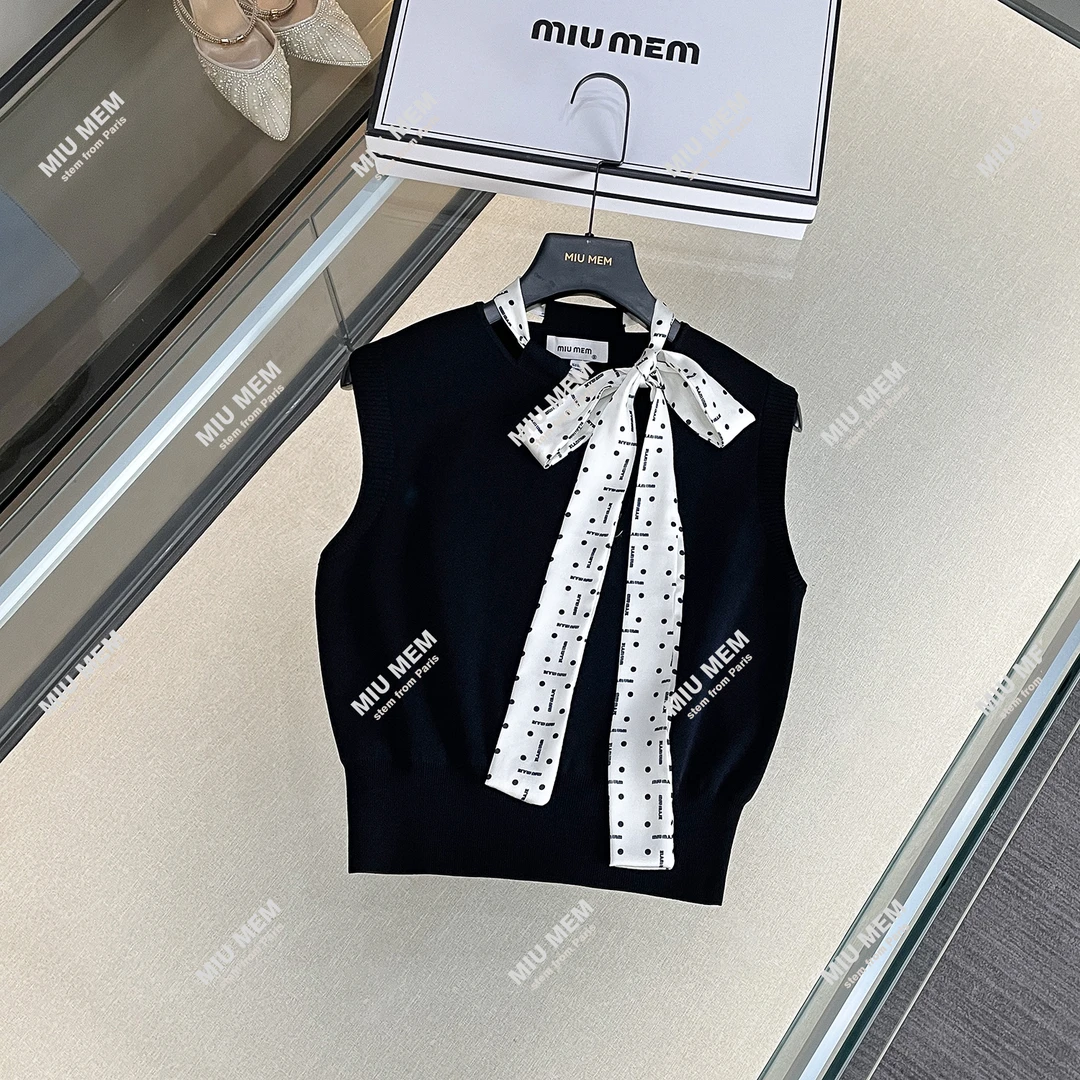 圆领针织无袖波点蝴蝶结领带夏季无袖针织上衣DY6629