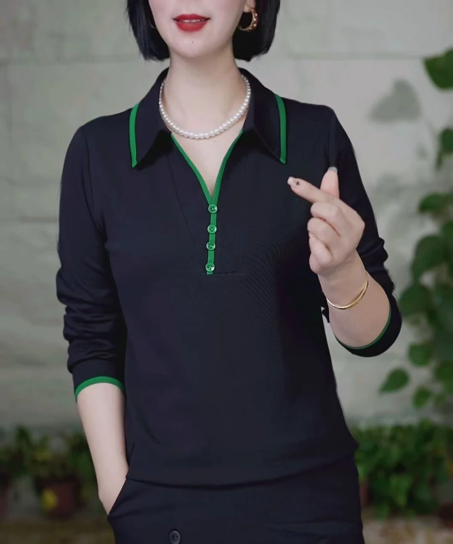 2025秋季时尚拼色翻领四粒扣休闲长袖打底衫减龄洋气百搭宽松上衣