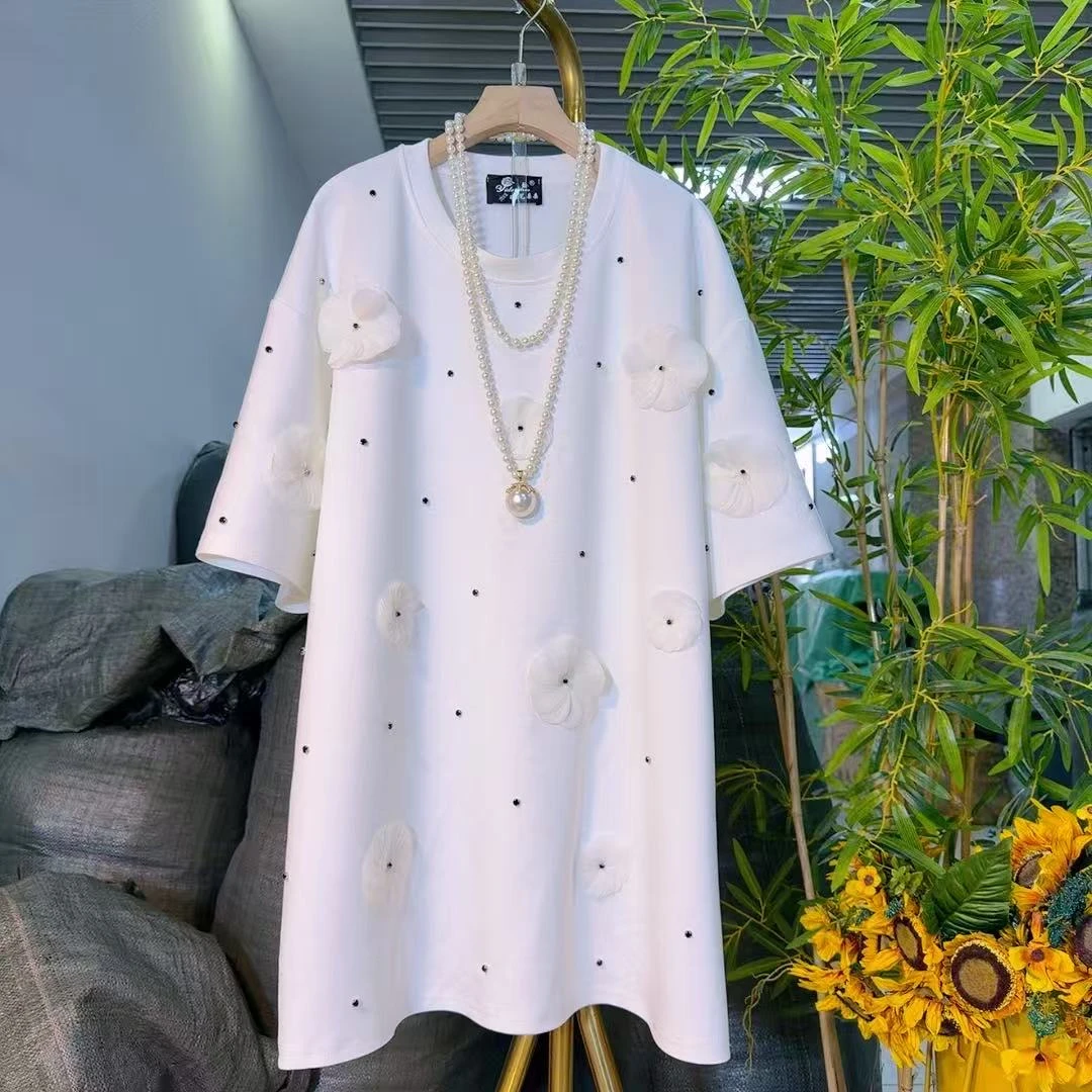 欧货时尚花朵镶钻长T恤微胖大码女装遮肉显瘦秋季短袖宽松25432