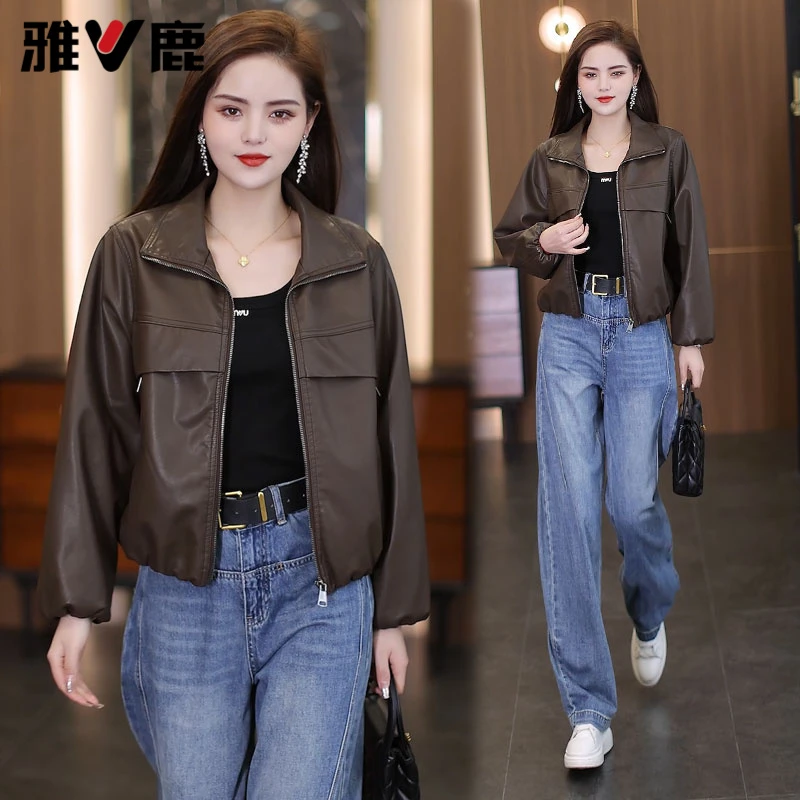 雅鹿加绒加厚皮衣短外套秋季新款洋气保暖短款百搭PU皮夹克