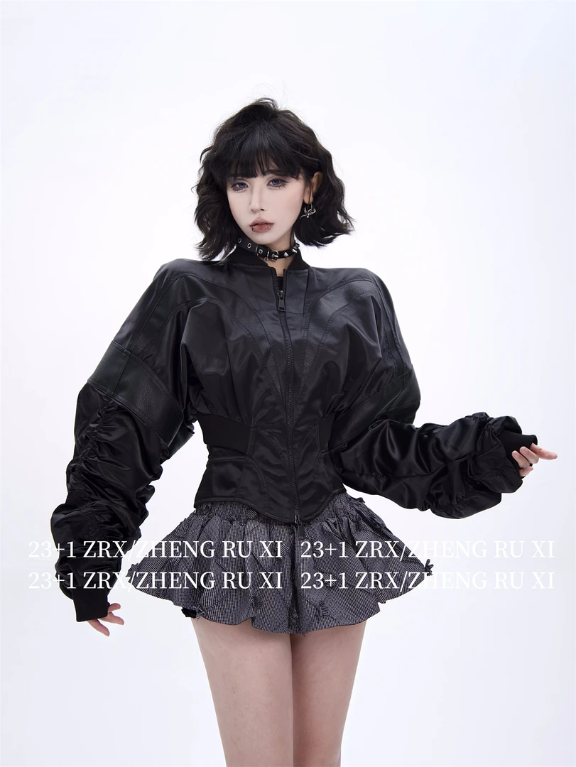 付新博女装拼接皮质收腰短外套女小众设计感抽褶棒球服上衣13716