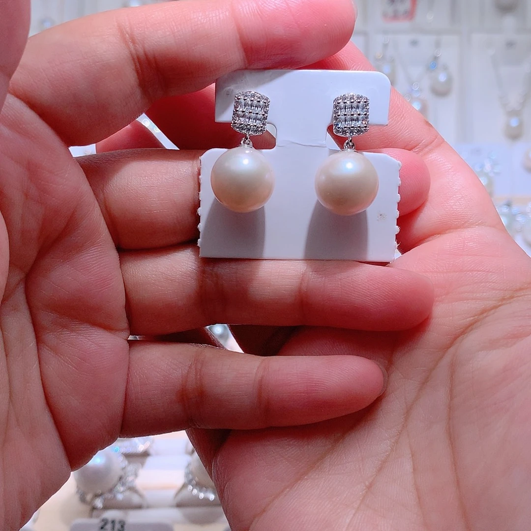 淡水珍珠银S925镶嵌耳饰CC12mm