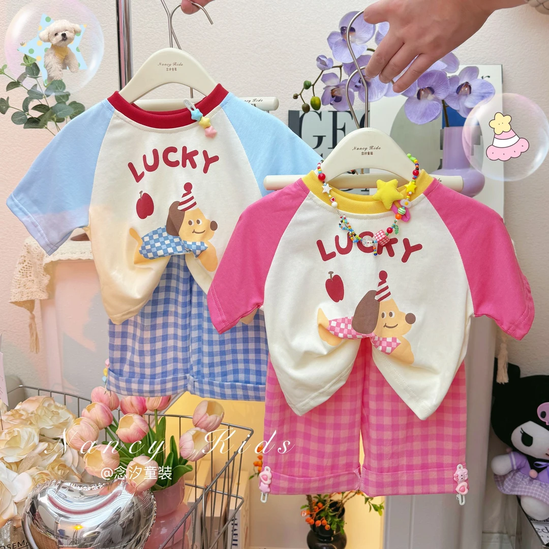 【起司小狗】亲子装男女童新款夏季洋气时尚T恤百搭纯棉插肩袖套装