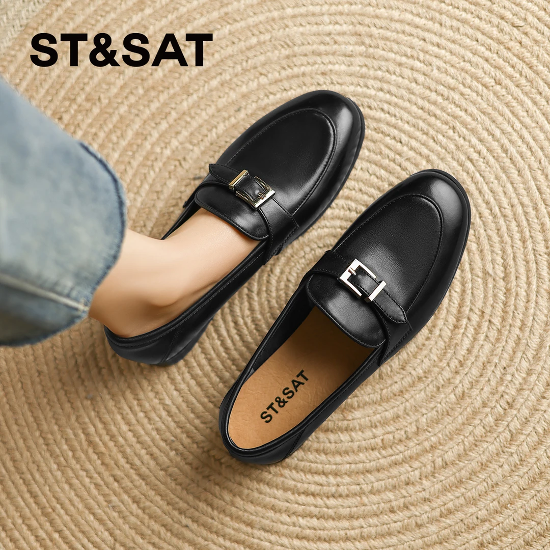 星期六复古黑色乐福鞋女2025秋季新款系扣粗跟单鞋气质职业小皮鞋