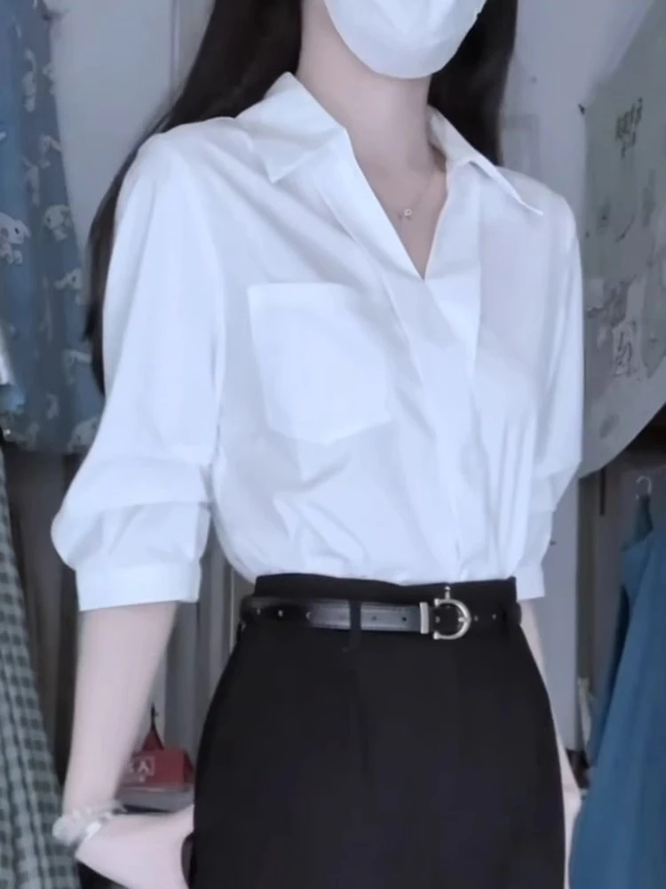 法式白色V领衬衫女夏季新款高级感通勤职业教资面试衬衣轻奢别致