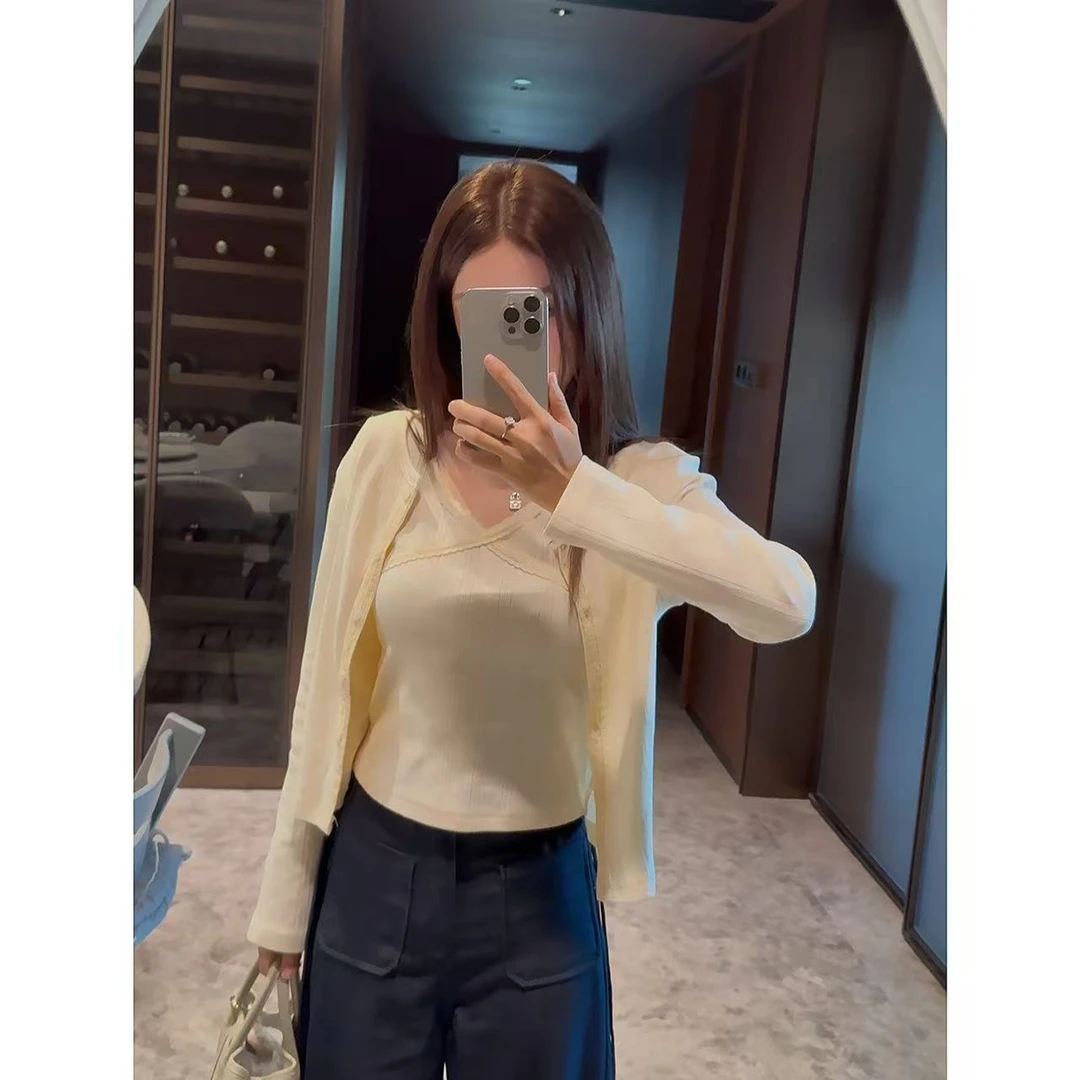 【痘痘私服】|【秋日开场】短袖开衫蕾丝拼接两件套