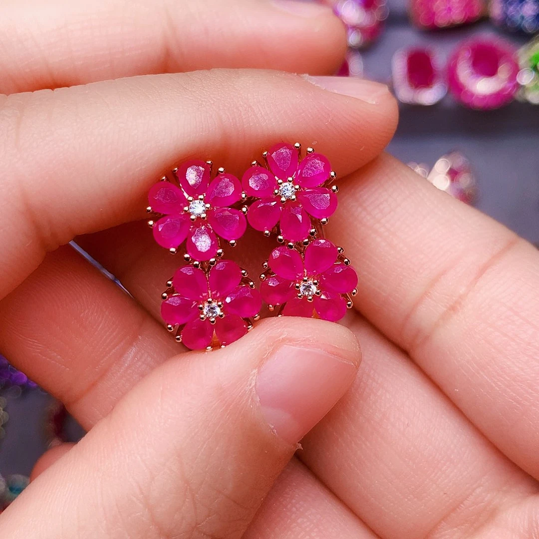 银S925镶嵌耳饰红宝石