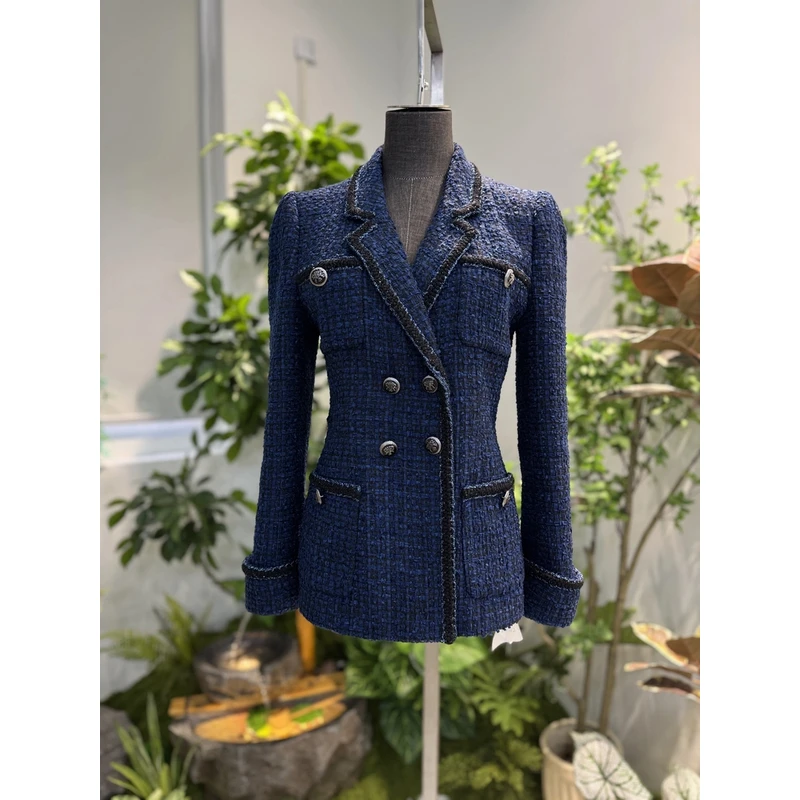 剀剀莉（蓝墨星辰）早春新款蓝色翻领西装款轻奢气质显瘦小香风外套